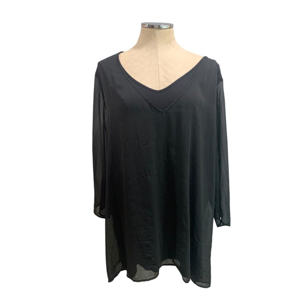3X New Directions Curvy Soft Black V-Neck Pullover Top Shirt Sheer Sleeve